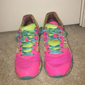 Neon Pink and Green ASICS Athletic Tennis Shoes